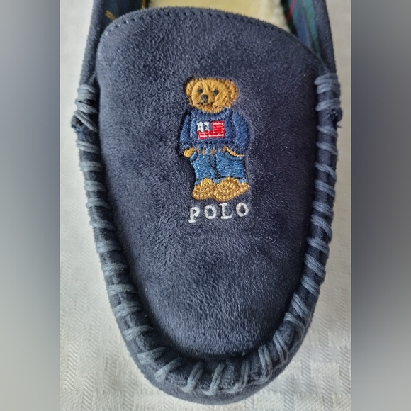 RALPH LAUREN Polo Bear Memory Foam Sherpa Slippers Moccasins Womens size 10 Navy - Picture 2 of 9